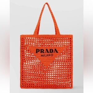 🍑NWT Prada Raffia Tote Shopping Bag Beach Purse Crochet Shoulder Triangle Logo